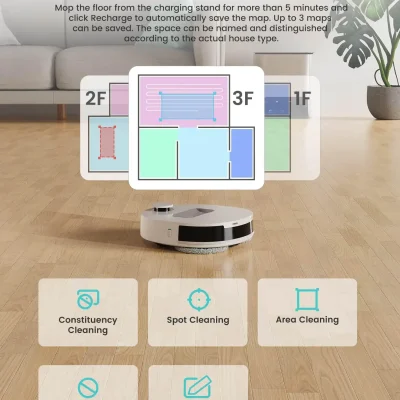 Robotic vacuum cleaner in a home setting with multi-picture memory map and cleaning options for efficient floor cleaning, ideal for smart home and cleaning solutions.