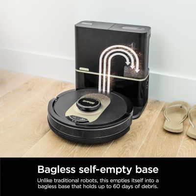 Robot vacuum cleaner with bagless self-emptying base for automatic debris disposal.