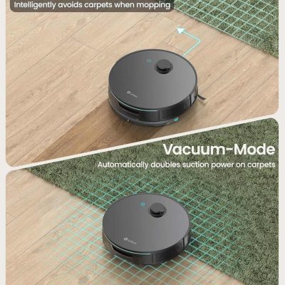 Robot vacuum cleaner with mop mode and vacuum mode for hardwood and carpet cleaning, featuring intelligent mopping technology and automatic suction power adjustment, ideal for home cleaning solutions.