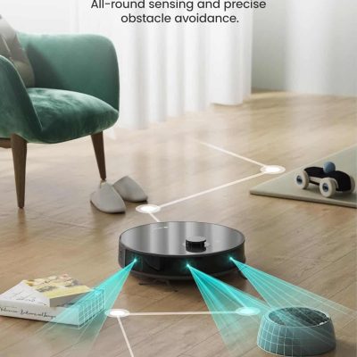 AI-powered robotic vacuum cleaner with obstacle detection and sensing technology on hardwood floor.