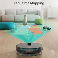 Autonomous cleaning robot mapping a living room with colorful furniture and a floor plan overlay.