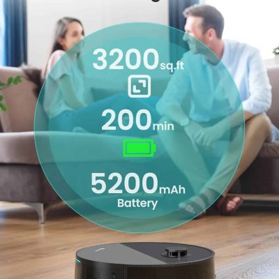 High-tech robot vacuum cleaner with large 3200 sq.ft cleaning area, 200-minute runtime, and 5200 mAh battery, ideal for spacious homes for efficient floor cleaning.