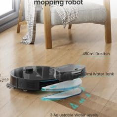 Automatic vacuum cleaner with mop function on hardwood floor, featuring water tank, dustbin, and adjustable water levels. Perfect for home cleaning.