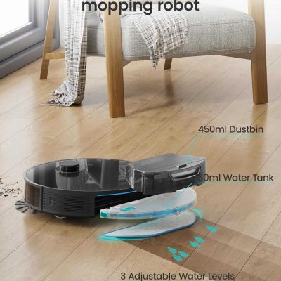 Automatic vacuum cleaner with mop function on hardwood floor, featuring water tank, dustbin, and adjustable water levels. Perfect for home cleaning.