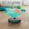Autonomous robotic vacuum cleaner navigating a modern living room with a smart home floor plan overlay.