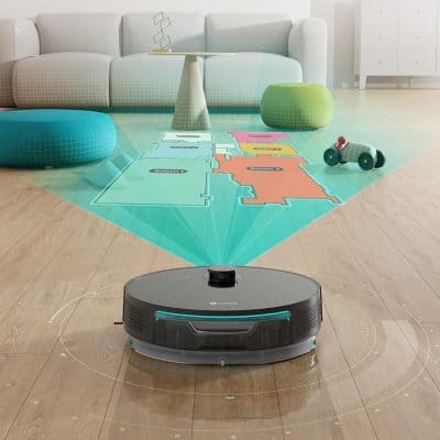 Autonomous robotic vacuum cleaner navigating a modern living room with a smart home floor plan overlay.