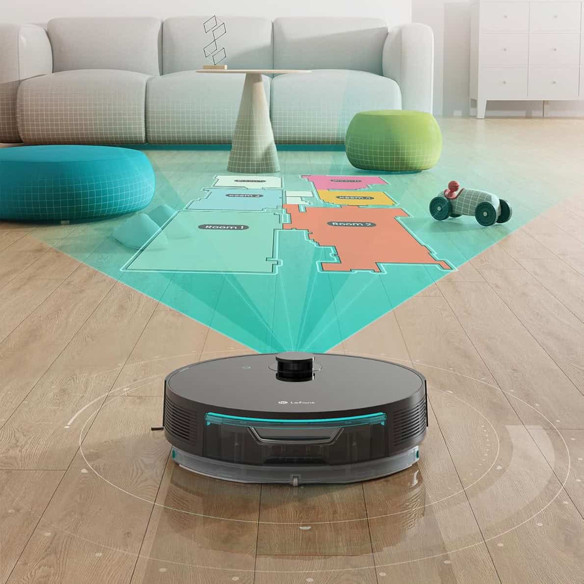Autonomous robotic vacuum cleaner navigating a modern living room with a smart home floor plan overlay.
