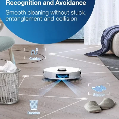 Advanced robotic vacuum cleaner for home cleaning, featuring obstacle recognition, obstacle avoidance, and smooth operation, ideal for pet hair and debris cleanup in living spaces.