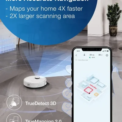 Mapped robotic vacuum cleaner with mobile app control on modern tiled floor, highlighting precision navigation, TrueDetect 3D and TrueMapping 2.0 technology for efficient home cleaning.