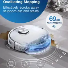 Sweeping robot vacuum cleaner for home cleaning with oscillating mopping feature, quiet operation at 69dB, equipped with multi-level water flow and vibration modes for deep floor spotless cleaning, ideal for pet owners and busy households.