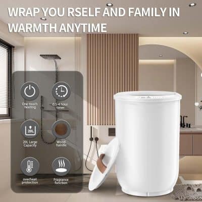 20L portable washing machine with large capacity, wood handle, 0.5-4 hour timer, one-touch heating, and fragrance function, ideal for compact home laundry needs.