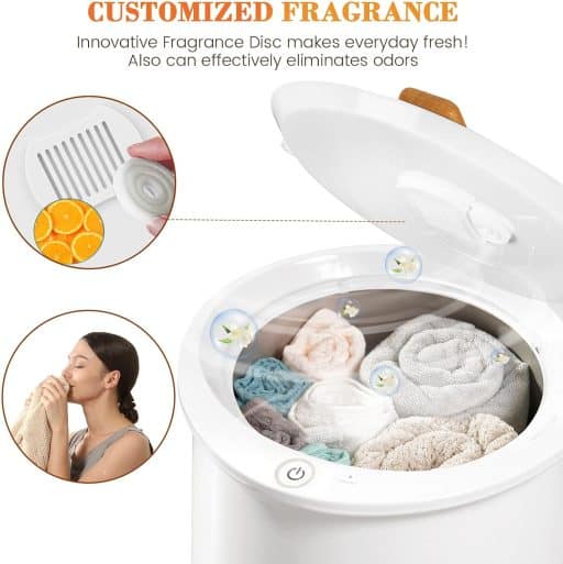 Freshly laundered towels inside a compact washing machine with soft floral scent bubbles, emphasizing hygiene and freshness.