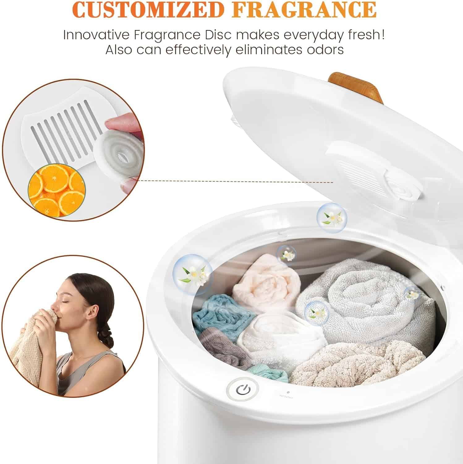 Freshly laundered towels inside a compact washing machine with soft floral scent bubbles, emphasizing hygiene and freshness.