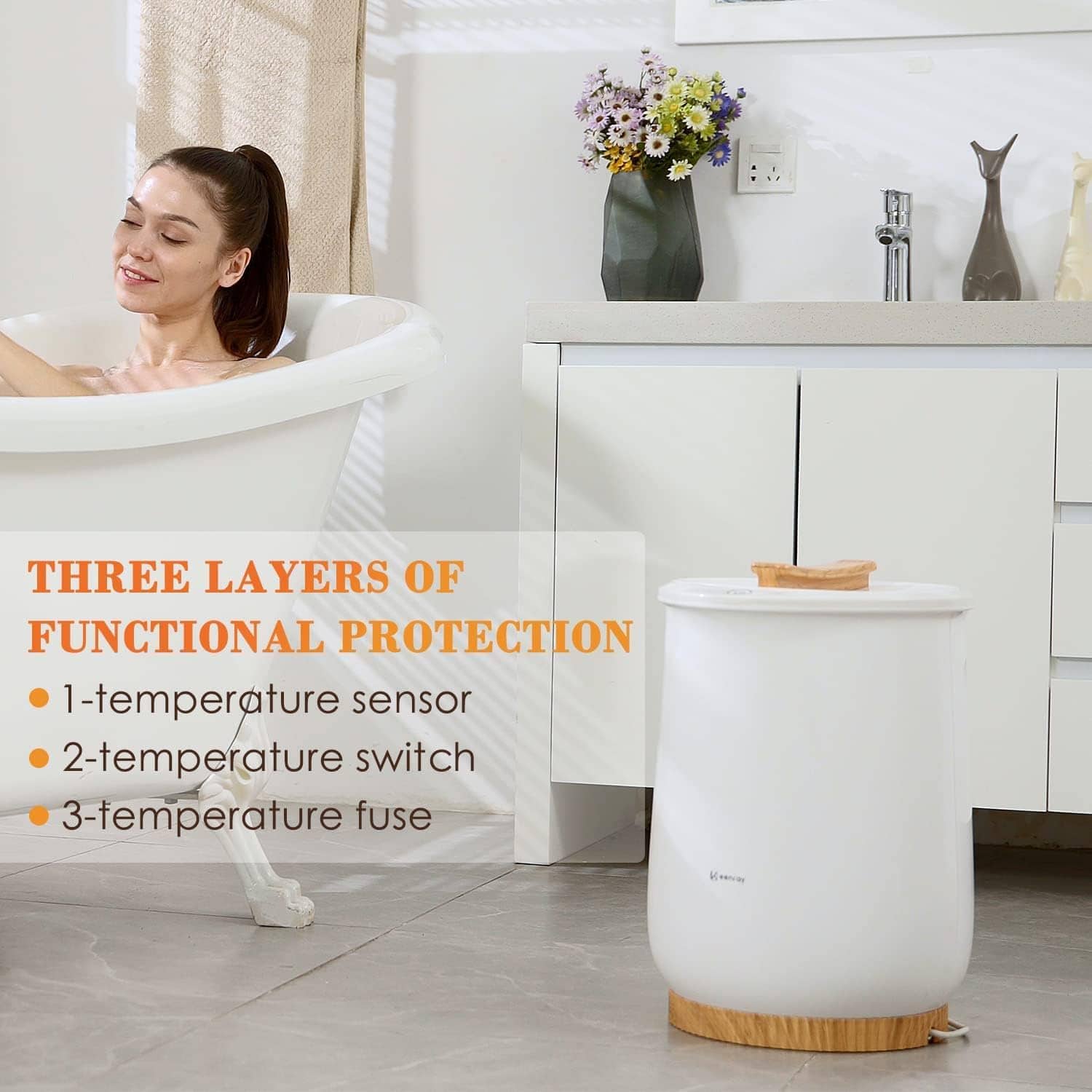 Luxury skincare device in modern bathroom, focusing on three layers of protection with temperature sensors, switches, and fuses for optimal facial treatment and rejuvenation at Monalisa Store.