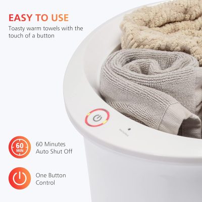 Soft beige towels inside a modern electric towel warmer with touch control, easy to use, ideal for luxury spa or home, featuring auto shut off and one-button operation for convenience.