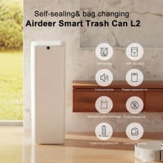 Airdree Smart Trash Can L2 with self-sealing lid and modern design, ideal for eco-friendly waste management, featuring voice prompts, long battery life, and sleek appearance for smart home and office use.