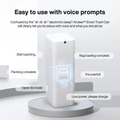 Advanced smart trash can with voice prompts for easy disposal and maintenance, perfect for modern home or office environments. Features include bag loading, open-lid mode, and low power indicator.