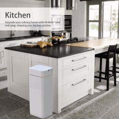 Wireless air purifier for modern kitchen air quality improvement.
