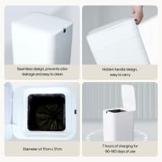 Durable white trash bin with seamless design and hidden handle, easy to clean and carry.