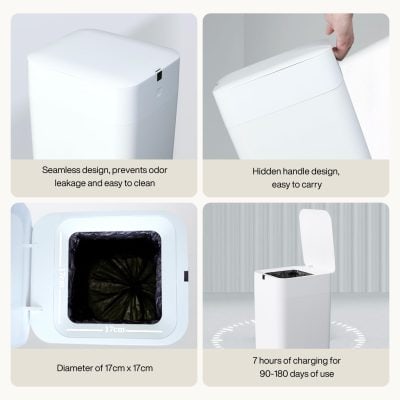 Durable white trash bin with seamless design and hidden handle, easy to clean and carry.