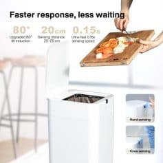 Automatic sensor trash bin for kitchen and home use, with touchless hand and knee sensing, 80° tilt induction, 20cm sensing distance, 0.15s fast response, ideal for hygienic waste disposal, featured on Monalisa Store.