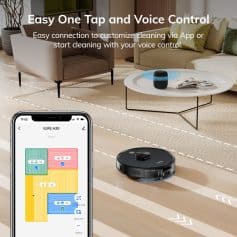 Wireless robot vacuum cleaner on hardwood floor with smartphone app, smart home automation, voice control, cleaning, home cleaning device, modern vacuum, IoT home appliance.