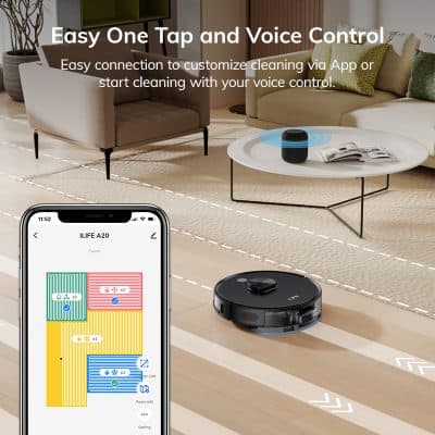 Wireless robot vacuum cleaner on hardwood floor with smartphone app, smart home automation, voice control, cleaning, home cleaning device, modern vacuum, IoT home appliance.