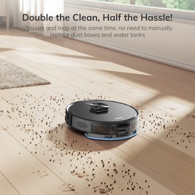 Vacuum robot cleaning hardwood floor with scattered dirt and debris, smart home cleaning device, efficient autonomous vacuum for home cleanliness, Monalisa Medical store opt.