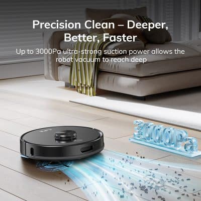 Robot vacuum cleaner cleaning the floor with digital particles, home cleaning device, smart vacuum for deep cleaning, Monalisa Medical opt, modern living room setting, energy-efficient floor cleaning technology in action, ideal for allergy relief and thorough home sanitation.
