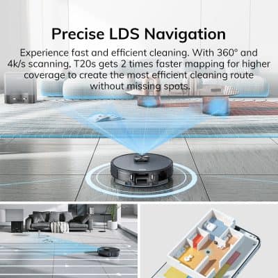 LDS robot vacuum cleaner navigating with precision, ideal for efficient home cleaning and allergy relief, featuring 360° scanning and 4K/s mapping for thorough coverage.