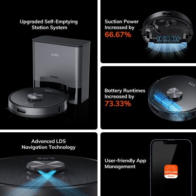 Robotic vacuum cleaner with upgraded self-emptying station and advanced LDS navigation technology for efficient cleaning.
