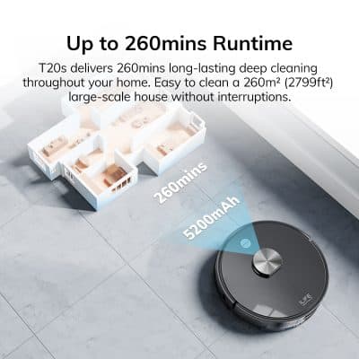 Up to 260mins runtime of Monalisa Microfiber Vacuum Cleaner for deep cleaning large homes, ideal for 260 square meters, with 5200mAh battery capacity, perfect for efficient residential cleaning solutions.