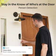 Person using Monalisa Store person detection security system at front door, smart home security, camera alarm alert, home surveillance device, no-contact visitor detection, home safety technology, innovative security solution for home.