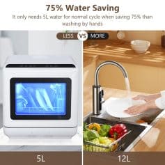 Efficient dishwasher for small kitchens, energy-saving, 5L water usage, compact design, perfect for conserving water and space, ideal for modern households.