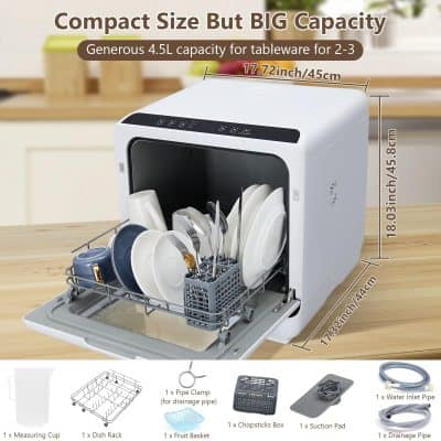 Disinfection dishwasher for dishware and cutlery with large 4.5L capacity, compact design, and automatic sterilization, ideal for home and small commercial use.