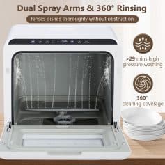 Efficient dishwater with dual spray arms and 360° rinsing technology for thorough cleaning without obstruction, ideal for modern kitchens.