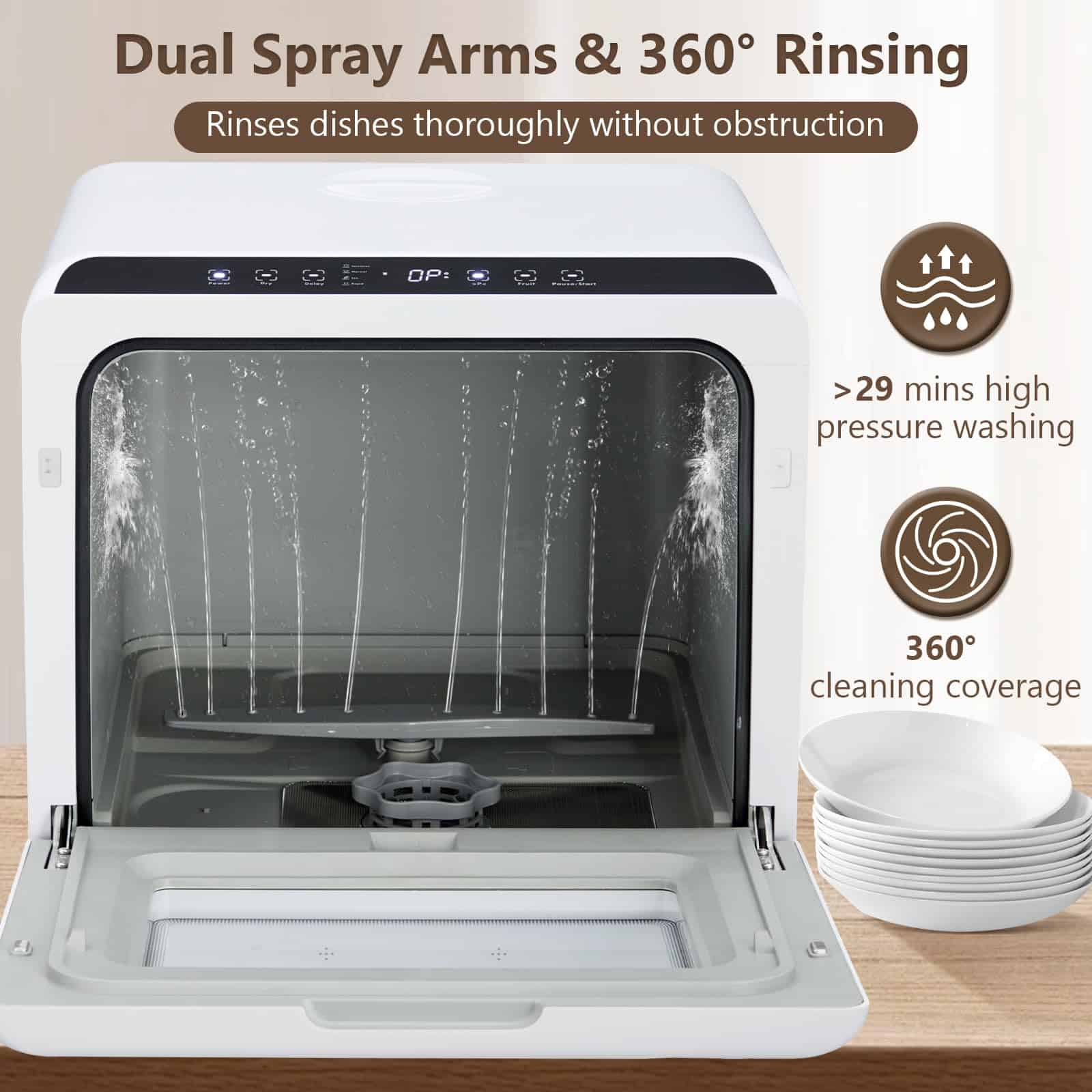 Efficient dishwater with dual spray arms and 360° rinsing technology for thorough cleaning without obstruction, ideal for modern kitchens.