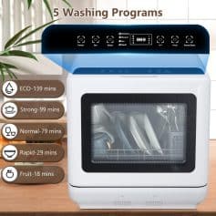 Autoson dishwasher with 5 washing programs, including eco, strong, normal, rapid, and fruit, showcased on Monalisa Medical Store website, emphasizing advanced appliance features and efficiency.
