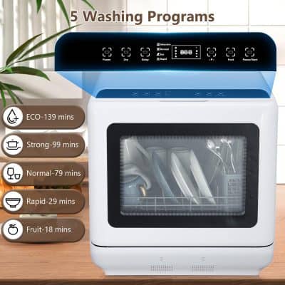 Autoson dishwasher with 5 washing programs, including eco, strong, normal, rapid, and fruit, showcased on Monalisa Medical Store website, emphasizing advanced appliance features and efficiency.