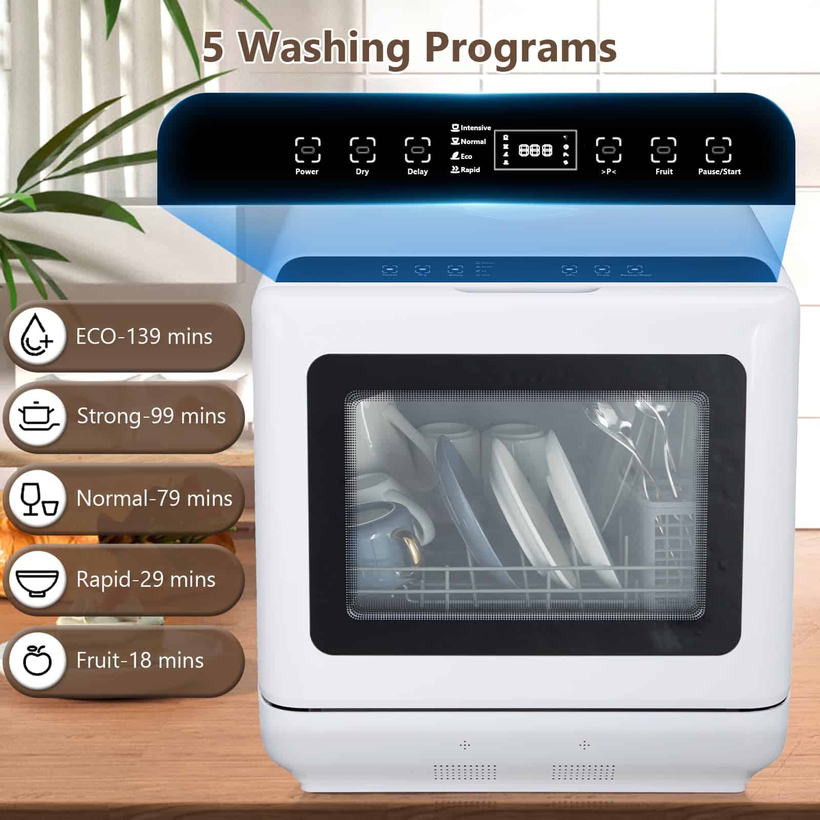 Autoson dishwasher with 5 washing programs, including eco, strong, normal, rapid, and fruit, showcased on Monalisa Medical Store website, emphasizing advanced appliance features and efficiency.