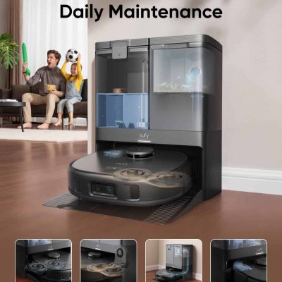 Eufy all-in-one robotic home cleaning station with self-washing, drying, emptying, and refilling features for efficient daily maintenance of floors and surfaces.