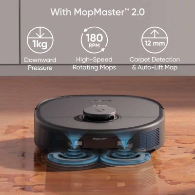 Efficient robotic mop for stubborn stain removal with MopMaster 2.0, high-speed rotating mops, downward pressure, and carpet detection, ideal for professional cleaning and floor care.