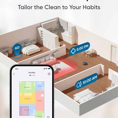 Smart home automation with customizable AI map for efficient cleaning, scheduling at 10 AM and 5 PM, featuring mobile app control for modern, tech-savvy households.