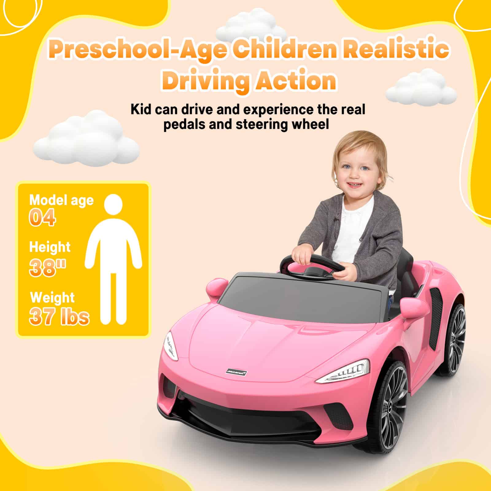 Kids ride-on toy car for preschool-age children, featuring realistic design with steering wheel and pedals, ideal for developing motor skills and fun driving experience.
