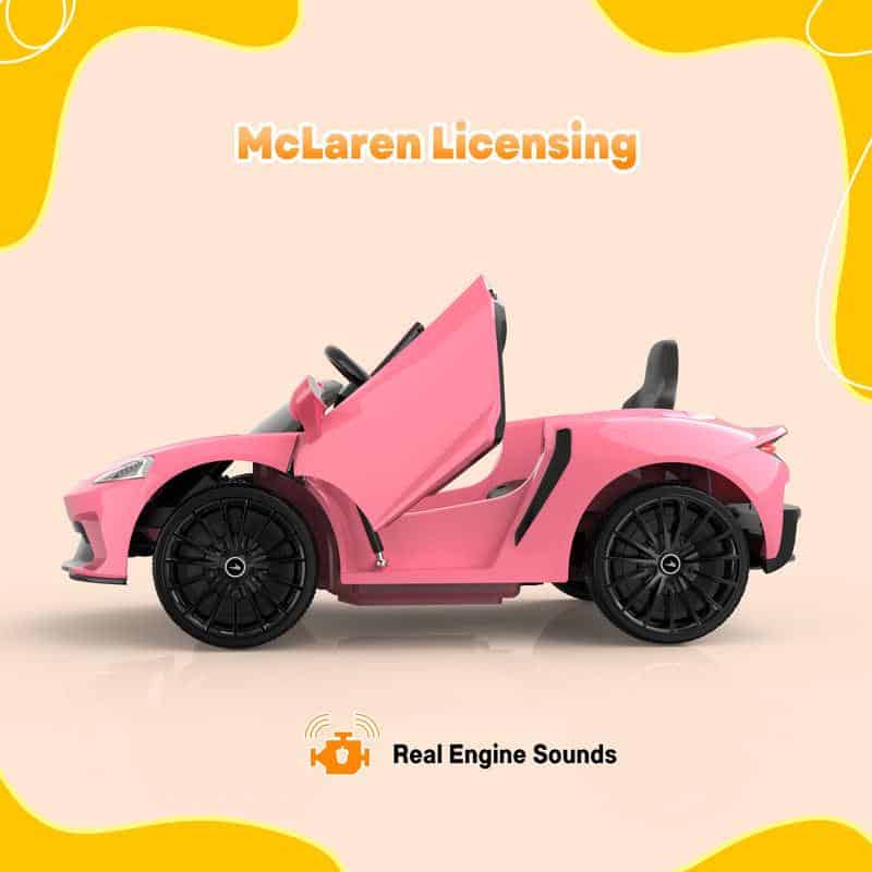 Pink McLaren licensed kids' electric ride-on car with realistic engine sounds, perfect for children's outdoor play and driving fun.