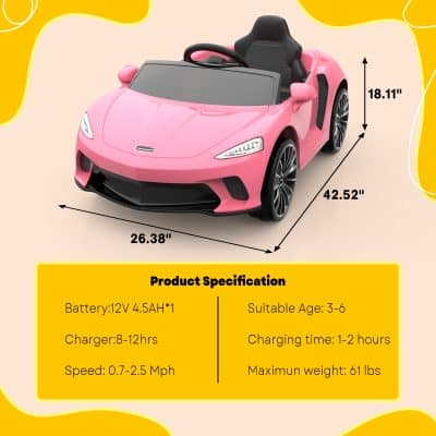 Pink children's ride-on toy sports car with realistic design, detailed measurements, and product specifications for kids ages 3-6. Perfect for outdoor play and developing motor skills.