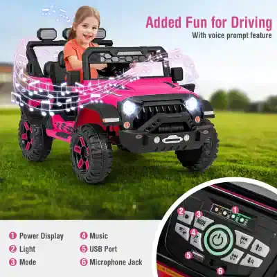 Rideshare Kids Electric Car with Voice Prompt, Pink Color, featuring music, LED lights, and USB port – perfect for outdoor play and fun driver experiences.