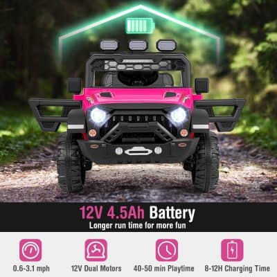 12V 4.5Ah battery for kids' electric ride-on toy car, offering longer playtime, dual motors, fast charging, and suitable for outdoor adventures in nature.