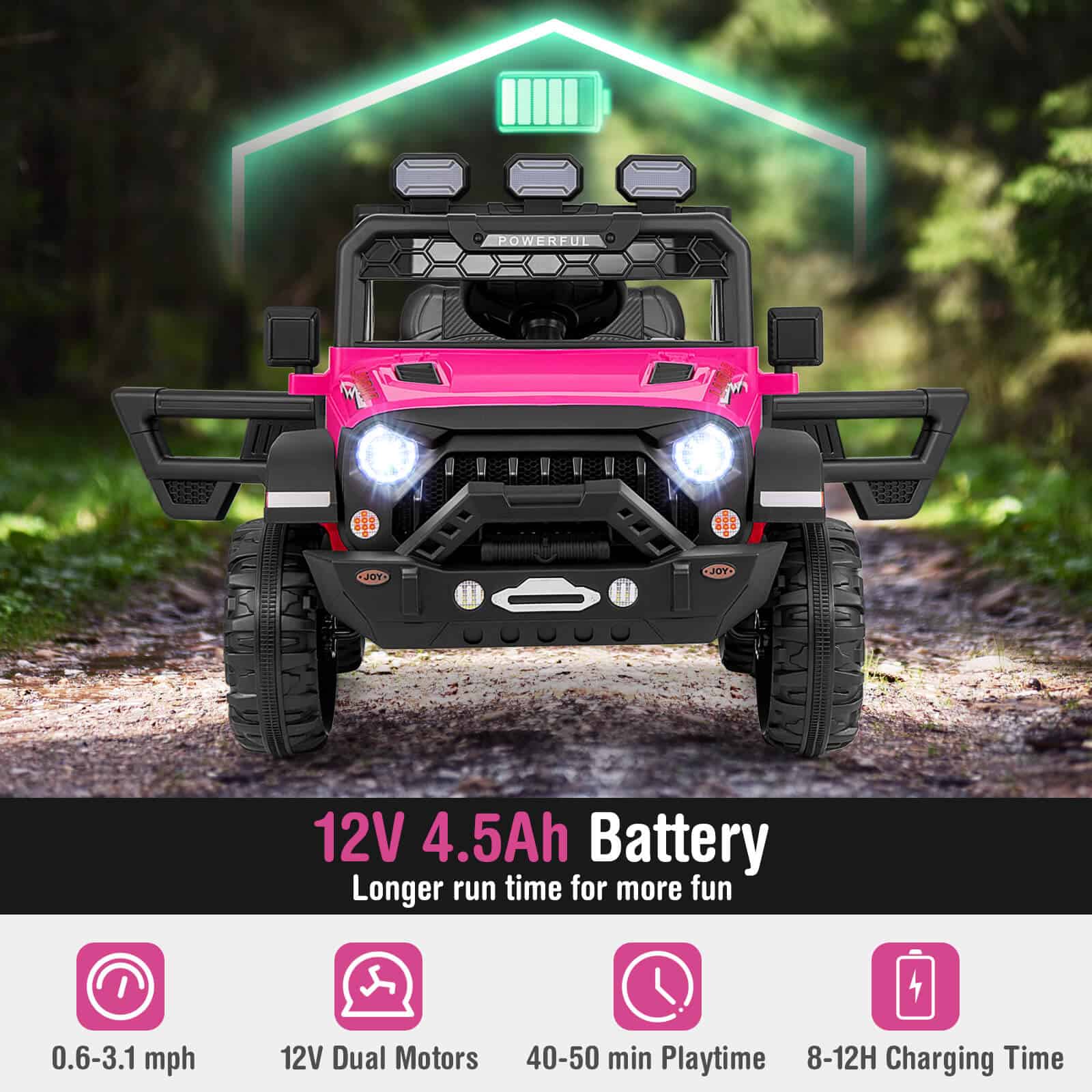 12V 4.5Ah battery for kids' electric ride-on toy car, offering longer playtime, dual motors, fast charging, and suitable for outdoor adventures in nature.