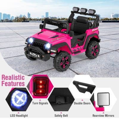 Pink electric toy car for kids, off-road design, LED headlights, turn signals, double doors, safety belt, rearview mirrors, realistic features, outdoor play vehicle, Monalisa Store opt.